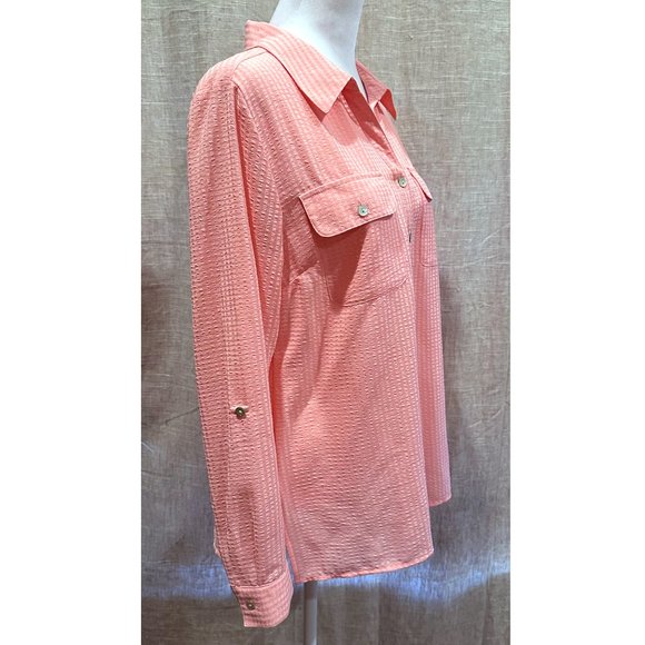 Studio Works Roll-Tab Sleeve Bright Pink Button Down Blouse Medium - Picture 5 of 13